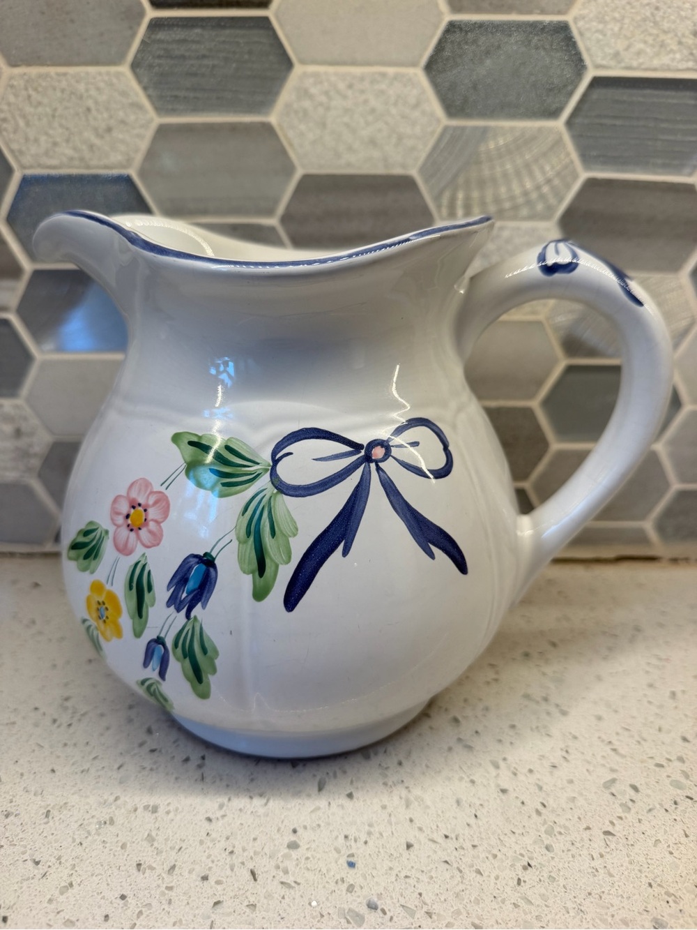 Herend Home Hand-Painted Floral Ceramic Pitcher in White and Blue